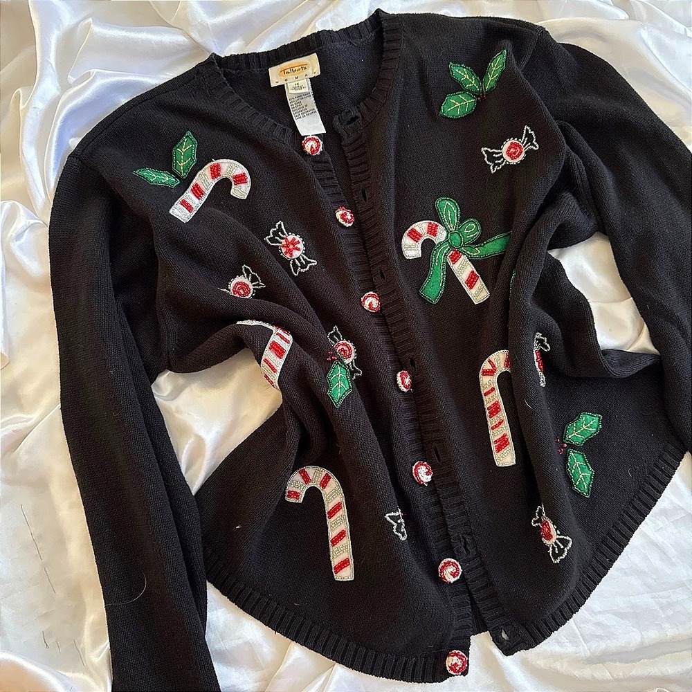 Talbots Woman Black Beaded Christmas Candy Cane Cardigan Sweater 1X Holiday